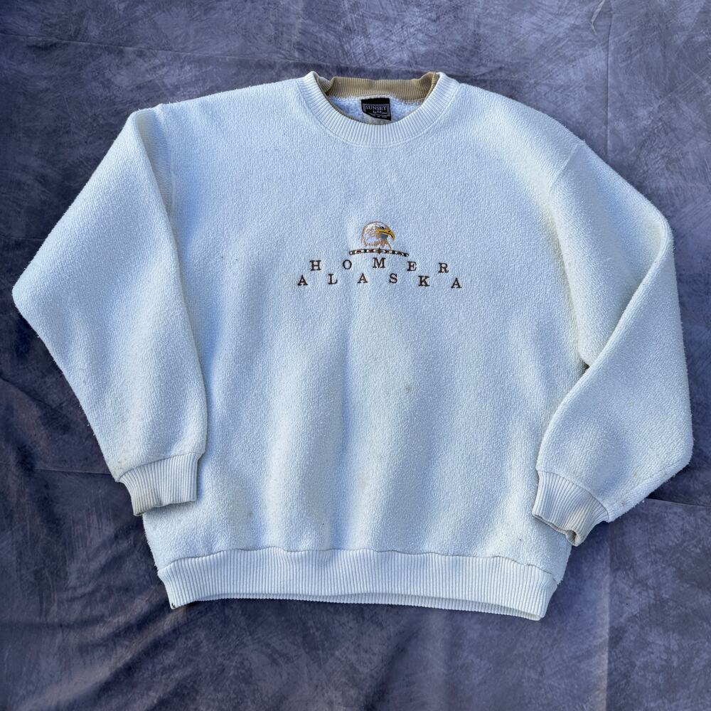 Vintage 90's Homer Alaska Eagle Fleece White Crewneck Pullover Sweatshirt Sz S